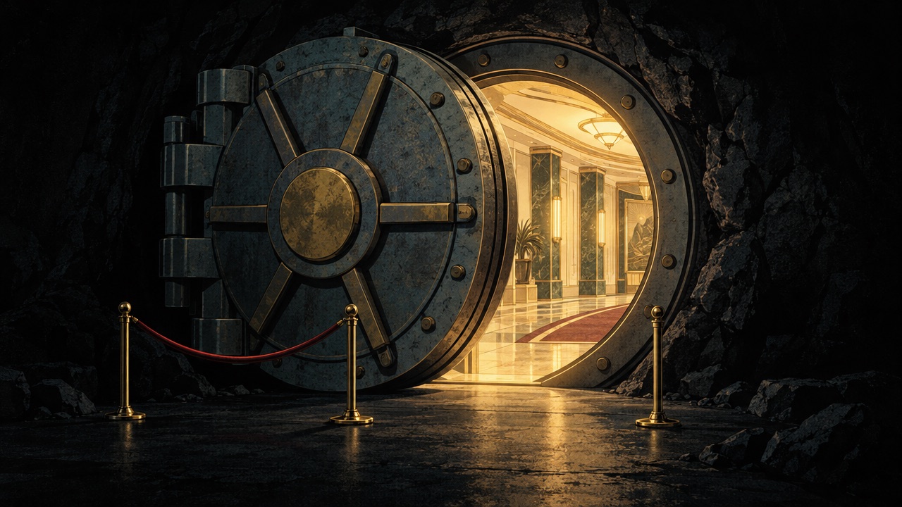 The vault door, half open, warm light inside